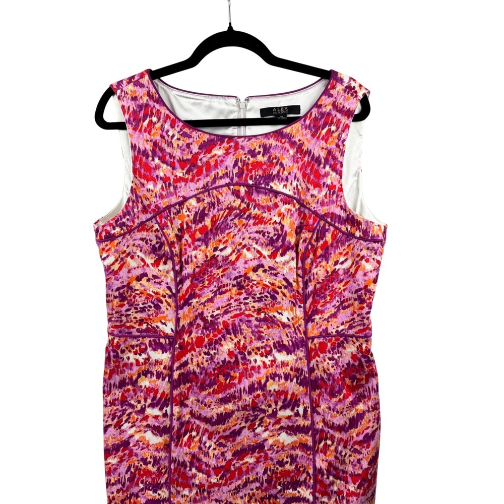 Alex Marie Sheath Dress Womens 14 Purple Pink Orange Abstract Print Sleeveless - Picture 5 of 14